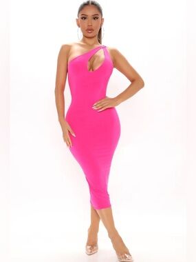 One-Shoulder Cutout Midi Dress in Hot Pink by Minaa Monroe